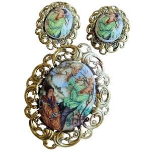 VTG Western Germany Pin Brooch matching set earrings Asian Scene Cherry Blossoms